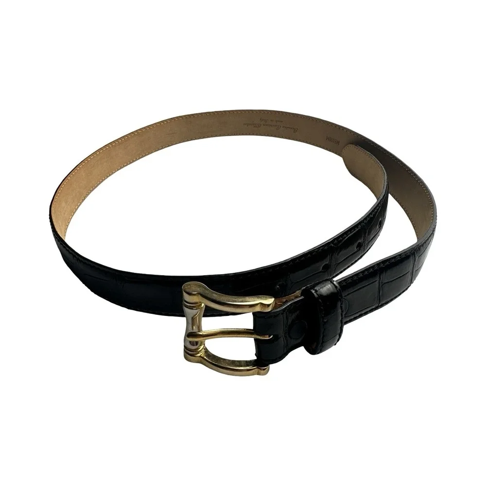 Bespoke Black Genuine American Alligator Italian Made Brass Buckle Belt 30 NWOT
